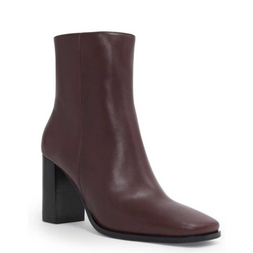 REISS | Casey Square Toe Block Heel Leather Boots in Chocolate Size 9.5